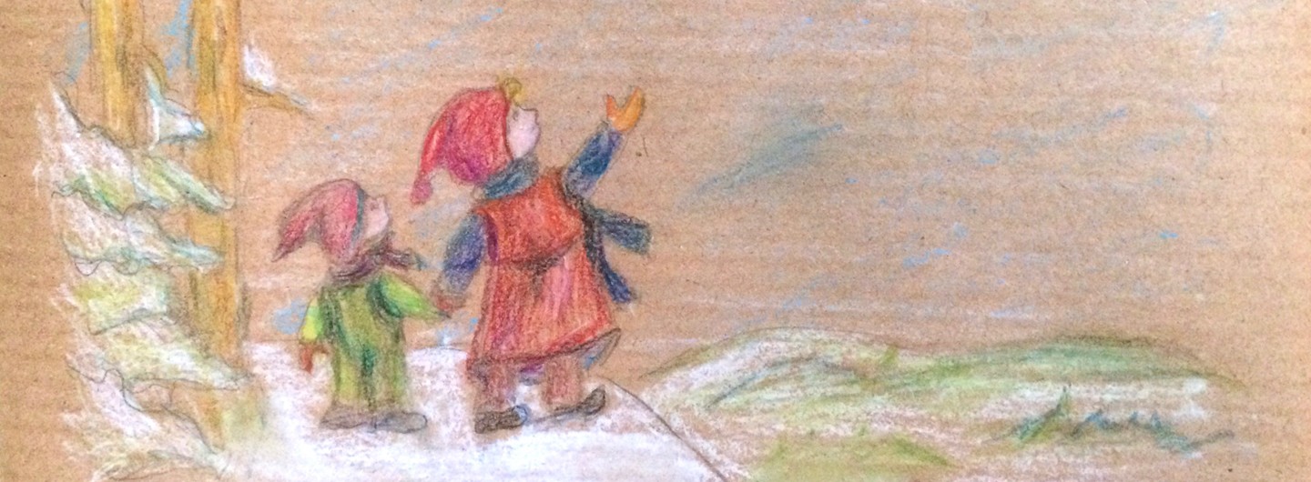 Buntsitftzeichnung auf Packpapier. Mädchen und Jungen stehen auf einem schneebedeckten Berg und gucken in die Ferne.
