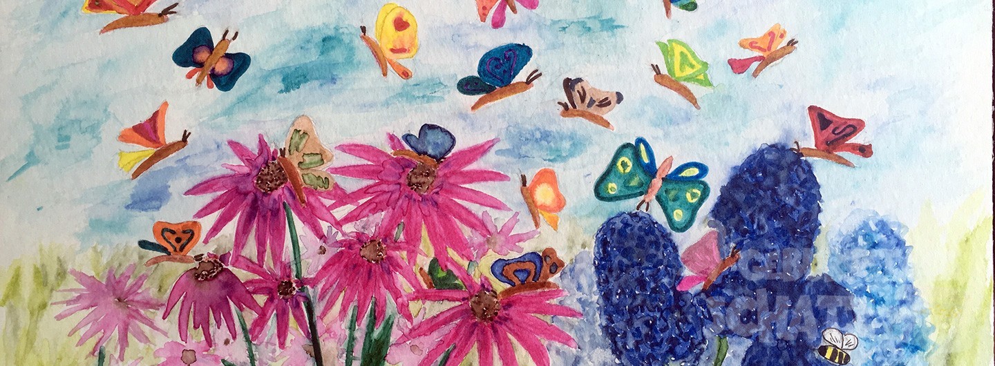 Ein gemaltes Bild einer Wiese mit Blumen und Schmetterlingen.