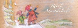 Buntstiftzeichnung auf Craft-Papier: Zwei Kinder stehen auf einem Schneeberg und zeigen in den Himmel. Dort steht in weißer Schrift „Rätsel-Adventskalender“