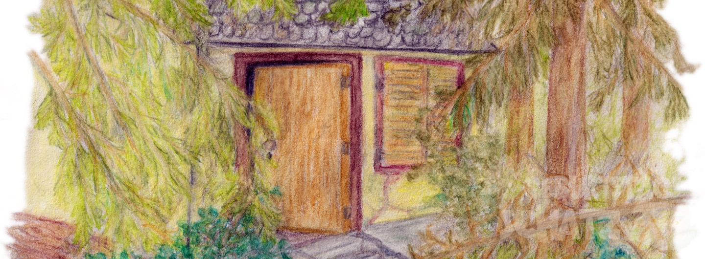 Ein Ausschnitt aus einer Illustration eines verlassenen Hauses im Wald. Die Tür steht offen, die Treppe davor verfällt, Efeu rankt sich die geschlossenen Fensterläden hoch.