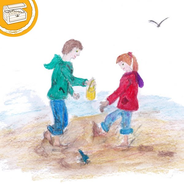Illustration: zwei Kinder stehen barfuß im Watt. Symbol oben links: Halber Kreis mit einer Schatztruhe.