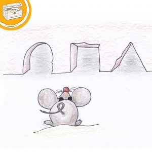 Zeichnung: Maus von hinten, guckt auf 3 verhiedene Mäuselöcher. Rund, eckig und dreieckig. Symbol oben links: Halber Kreis mit Text „Gratis“..