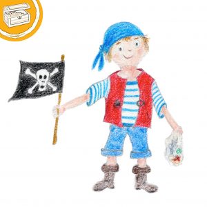 Buntstift-Illustration: Kleiner Pirat mit blauem Kopftuch und roter Weste. In einer Hand eine Schatzkarte, in der anderen eine Piratenflagge. Symbol oben links: Halber Kreis mit einer Schatztruhe.