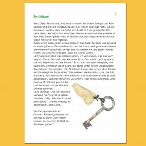 Titelseite der Schatzsuche „Der Schlüssel“. Text mit einer Zeichnung eines verrosteten Schlüssels.