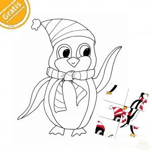 Ausmalbild Pinguin. Er trägt eine gesreifte Mütze mit Bommel und einen gestreiften Schal.