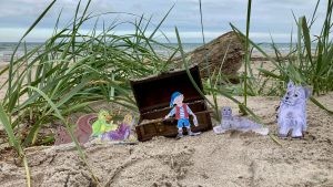 kleine Pappfiguren der Schatzsuchen-Charaktere stehen vor einer Mini-Schatztruhe am Strand. Es wächst etwas Strandgras, im Hintergrund das Meer.